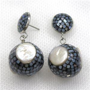 white Pearl Earrings paved abalone shell, round, approx 13mm, 20mm