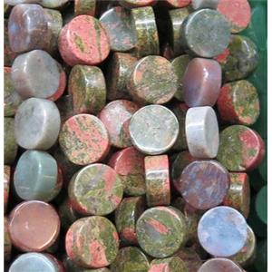 Unakite bead, flat round, approx 12mm dia