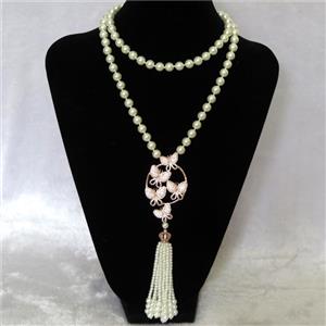 white Pearlized Glass Necklace with copper pendant pave zircon, round, approx 8mm, 38-65mm, 74cm length