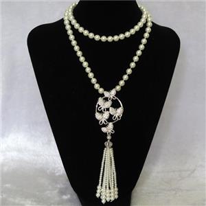 white Pearlized Glass Necklace with copper pendant pave zircon, round, approx 8mm, 38-65mm, 74cm length