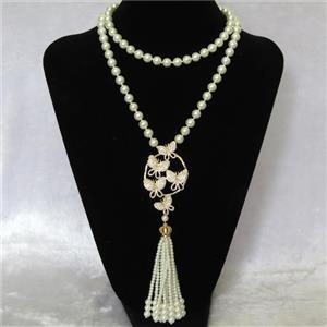 white Pearlized Glass Necklace with copper pendant pave zircon, round, approx 8mm, 38-65mm, 74cm length