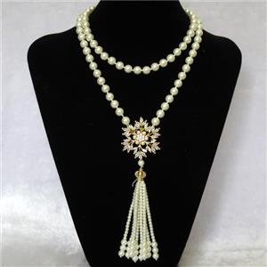 white Pearlized Glass Necklace with copper pendant pave zircon, round, approx 8mm, 40mm, 74cm length