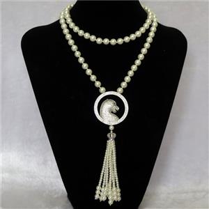 white Pearlized Glass Necklace with copper leopardhead pendant pave zircon, round, approx 8mm, 40mm, 74cm length