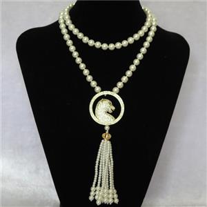 white Pearlized Glass Necklace with copper leopardhead pendant pave zircon, round, approx 8mm, 40mm, 74cm length