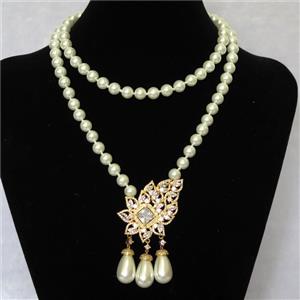 white Pearlized Glass Necklace with copper pendant pave zircon, round, approx 8mm, 35-50mm, 74cm length