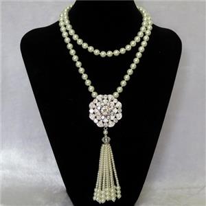 white Pearlized Glass Necklace with copper pendant pave zircon, round, approx 8mm, 42mm, 74cm length