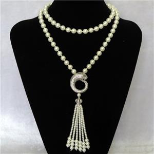 white Pearlized Glass Necklace with copper leopardhead pendant pave zircon, round, approx 8mm, 30-33mm, 74cm length