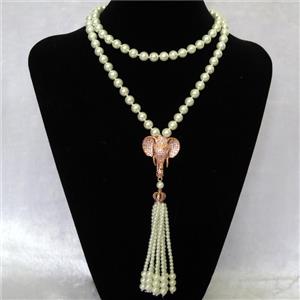 white Pearlized Glass Necklace with copper elephant pendant pave zircon, round, approx 8mm, 32-35mm, 74cm length