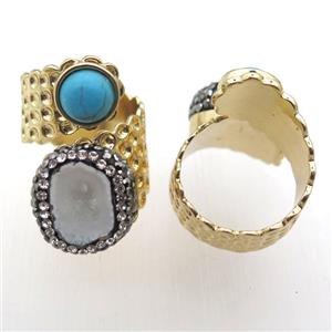white Agate Druzy Rings paved rhinestone, copper, gold plated, approx 10mm, 20mm, 20mm dia