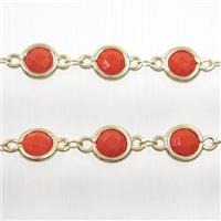 copper chain with red Chinese crystal glass, gold plated, approx 8mm dia