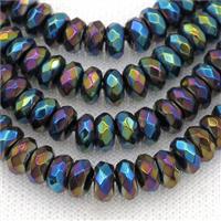 black Onyx agate beads, faceted rondelle, rainbow electroplated, approx 5x8mm