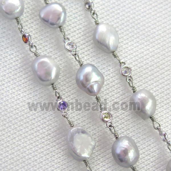 gray Pearl chain with zircon, platinum plated