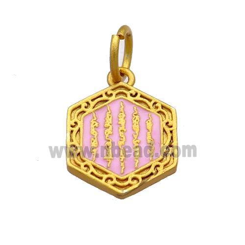 Copper Hexagon Pendant Pink Cloisonne Buddhist 18K Gold Plated