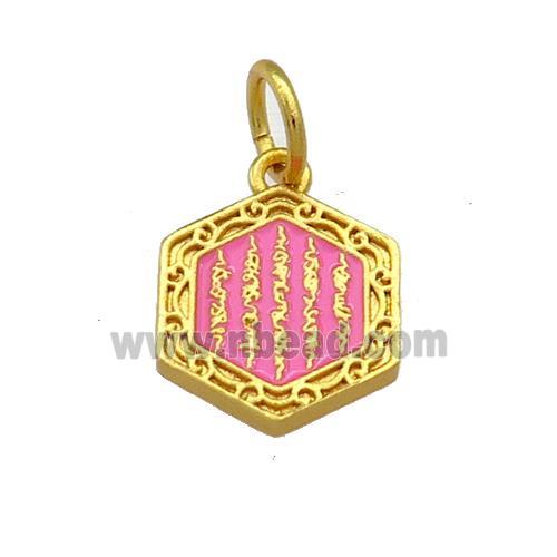 Copper Hexagon Pendant Pink Cloisonne Buddhist 18K Gold Plated