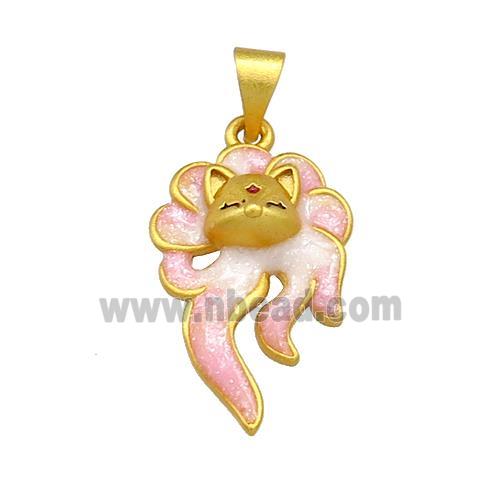 Copper Fox Charms Pendant Pink Cloisoone 18K Gold Plated