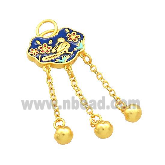 Copper Talisman Pendant Flower Bird Blue Cloisonne 18K Gold Plated