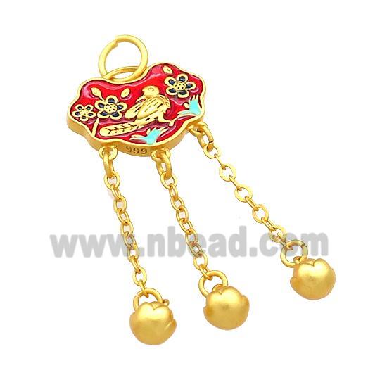 Copper Talisman Pendant Flower Bird Red Cloisonne 18K Gold Plated