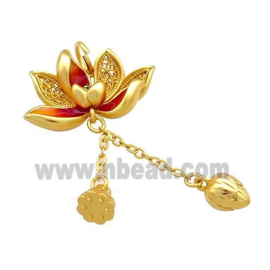 Copper Lotus Flower Pendant Red Cloisonne Unfade 18K Gold Plated