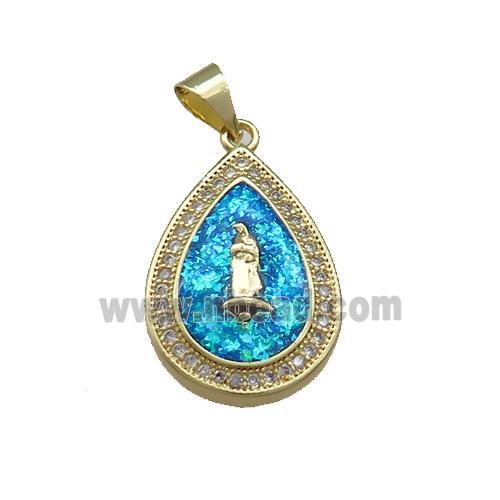 Copper Teardrop Pendant Pave Fire Opal Zircon Jesus 18K Gold