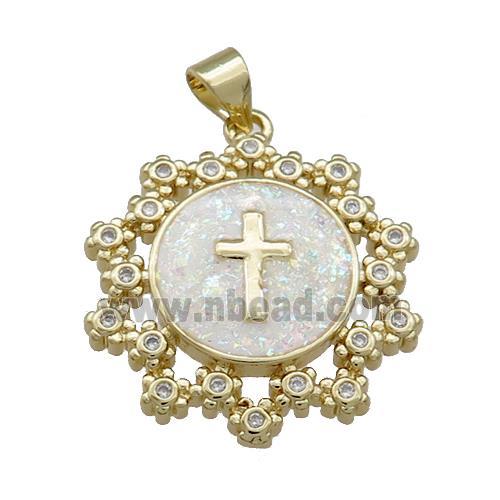 Copper Circle Pendant Pave Fire Opal Zircon Cross 18K Gold