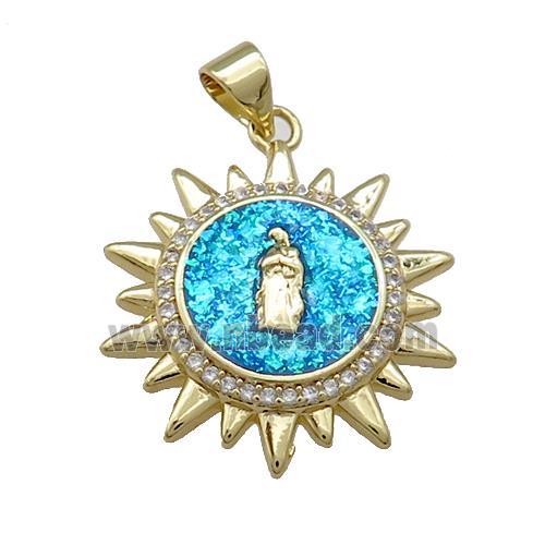 Copper Sun Charms Pendant Pave Fire Opal Zircon Jesus 18K Gold Plated