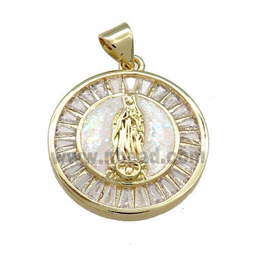 Copper Circle Pendant Pave Fire Opal Zircon Jesus 18K Gold