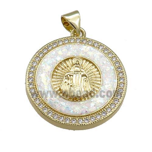 Copper Circle Pendant Pave Fire Opal Zircon Virgin Mary 18K Gold