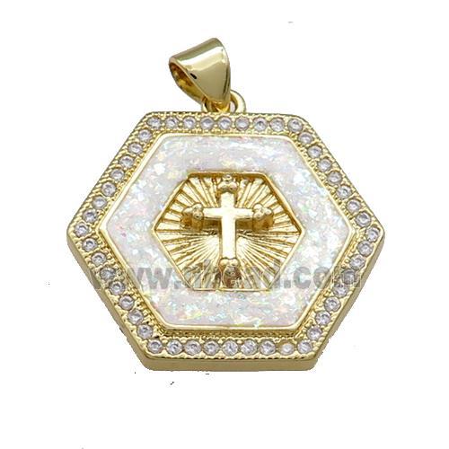 Copper Hexagon Pendant Pave Fire Opal Zircon Cross 18K Gold Plated