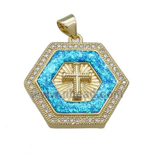 Copper Hexagon Pendant Pave Fire Opal Zircon Cross 18K Gold Plated