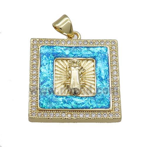 Copper Square Pendant Pave Fire Opal Zircon Jesus 18K Gold Plated