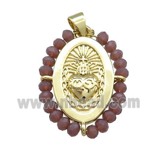 Sacred Heart Charms Copper Oval Pendant With Crystal Glass Wire Wrapped Gold Plated