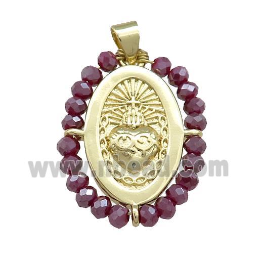 Sacred Heart Charms Copper Oval Pendant With Crystal Glass Wire Wrapped Gold Plated