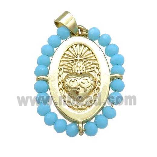 Sacred Heart Charms Copper Oval Pendant With Blue Crystal Glass Wire Wrapped Gold Plated