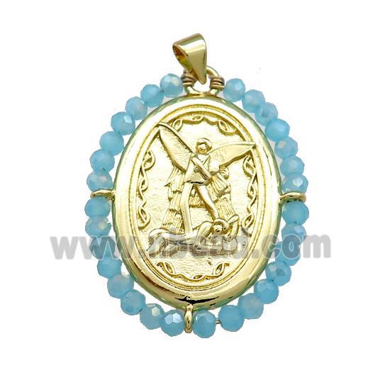 Fairy Charms Copper Oval Pendant With Blue Crystal Glass Wire Wrapped Gold Plated