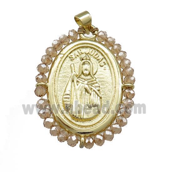 Saint Jude Charms Copper Medal Pendant With Crystal Glass Wire Wrapped Oval Gold Plated