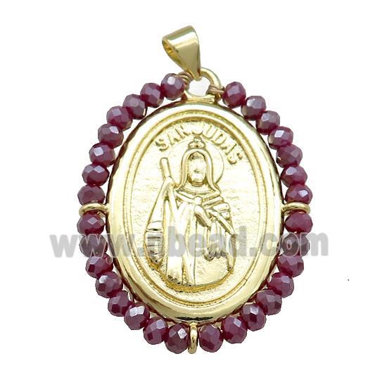 Saint Jude Charms Copper Medal Pendant With Crystal Glass Wire Wrapped Oval Gold Plated