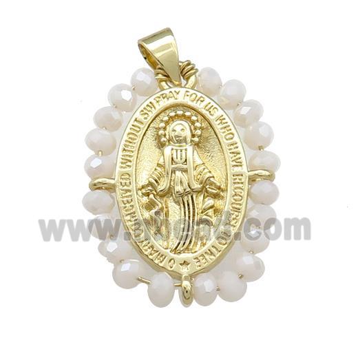 Virgin Mary Charms Copper Medal Pendant With White Crystal Glass Wire Wrapped Oval Gold Plated