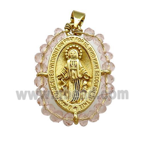 Virgin Mary Charms Copper Medal Pendant With Crystal Glass Wire Wrapped Oval Gold Plated