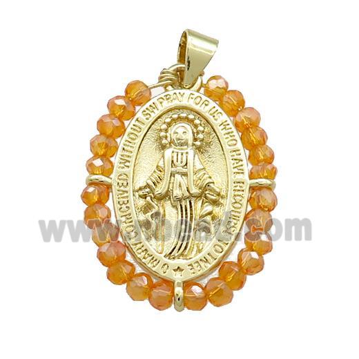 Virgin Mary Charms Copper Medal Pendant With Crystal Glass Wire Wrapped Oval Gold Plated