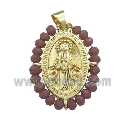 Virgin Mary Charms Copper Medal Pendant With Crystal Glass Wire Wrapped Oval Gold Plated