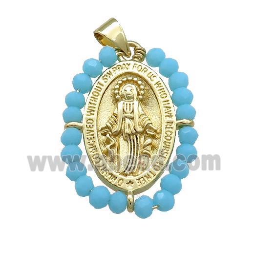 Virgin Mary Charms Copper Medal Pendant With Blue Crystal Glass Wire Wrapped Oval Gold Plated