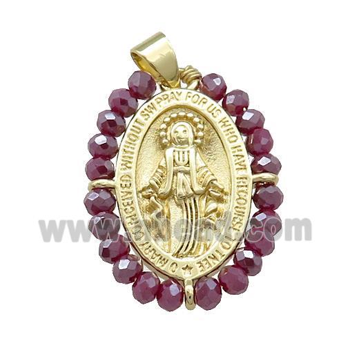 Virgin Mary Charms Copper Medal Pendant With Purple Crystal Glass Wire Wrapped Oval Gold Plated