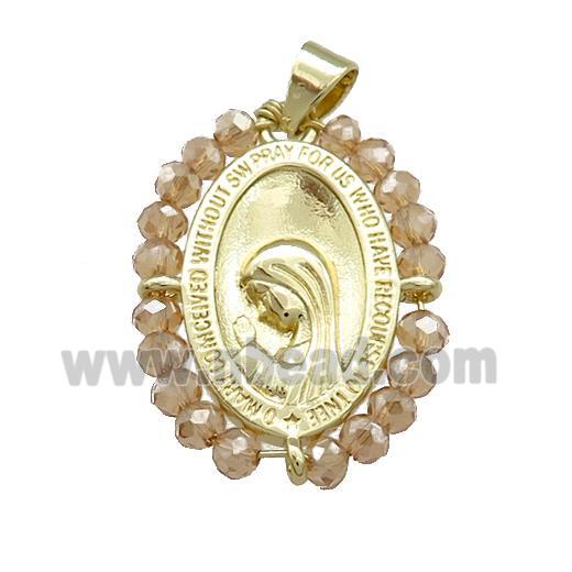 Virgin Mary Charms Copper Medal Pendant With Crystal Glass Wire Wrapped Oval Gold Plated