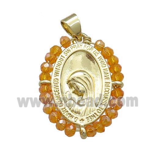 Virgin Mary Charms Copper Medal Pendant With Crystal Glass Wire Wrapped Oval Gold Plated