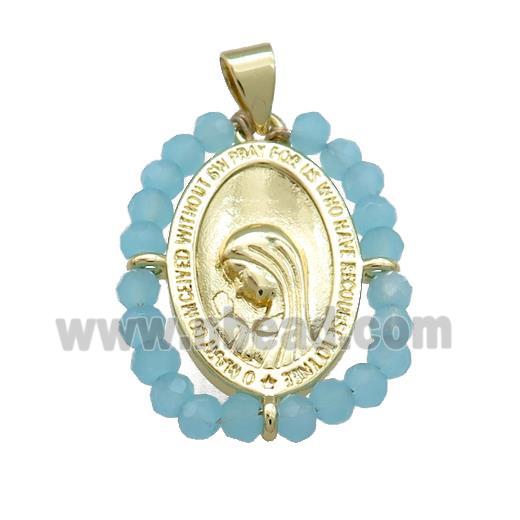 Virgin Mary Charms Copper Medal Pendant With Blue Crystal Glass Wire Wrapped Oval Gold Plated