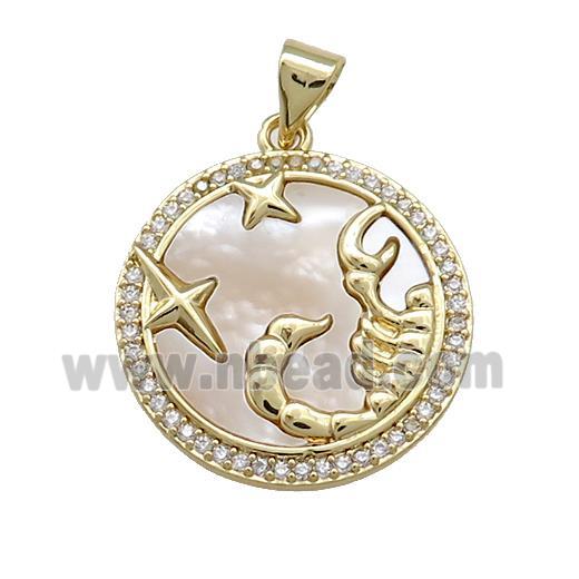 Zodiac Scorpio Charms Copper Circle Pendant Pave Shell Zircon 18K Gold Plated