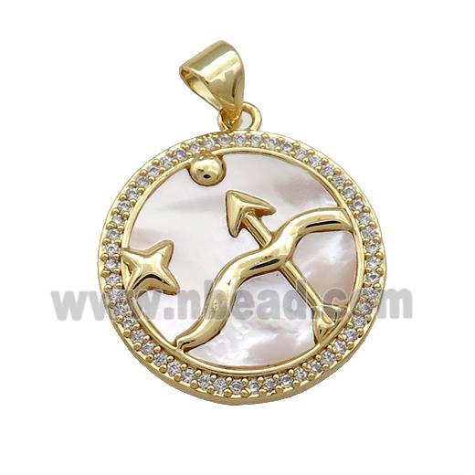 Zodiac Sagittarius Charms Copper Circle Pendant Pave Shell Zircon 18K Gold Plated