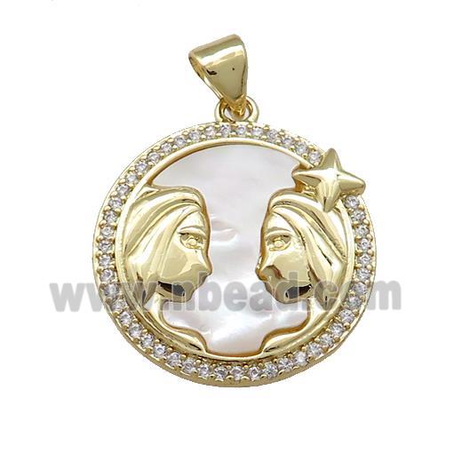 Zodiac Gemini Charms Copper Circle Pendant Pave Shell Zircon 18K Gold Plated