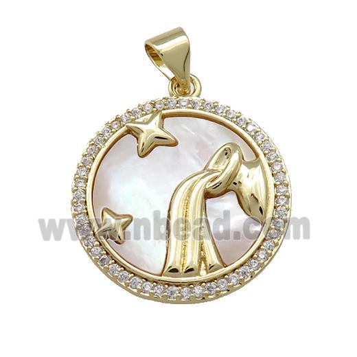 Zodiac Aquarius Charms Copper Circle Pendant Pave Shell Zircon 18K Gold Plated