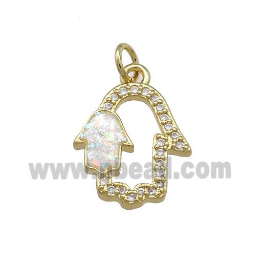 Copper Hamsahand Pendant Pave White Fire Opal Zircon 18K Gold Plated